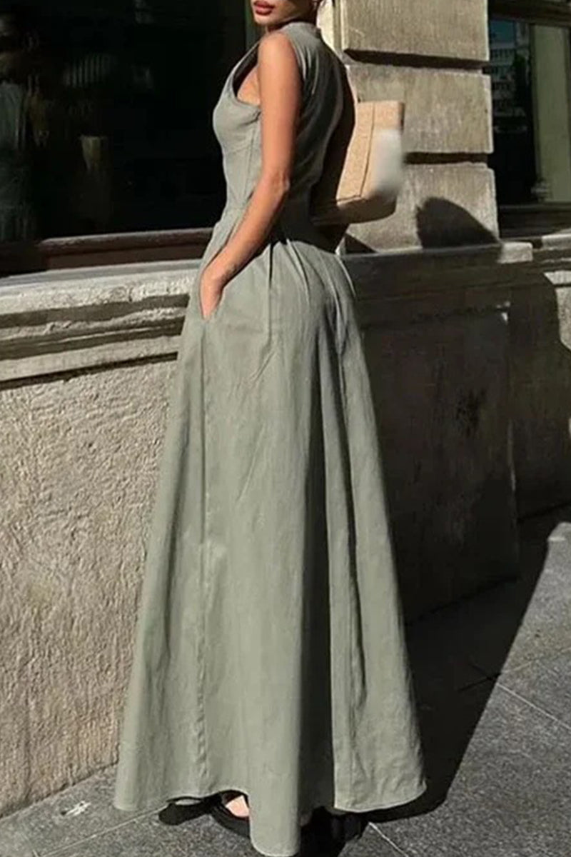 Street Pocket Zipper O Neck Long Dresses(3 Colors)