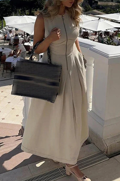 Street Pocket Zipper O Neck Long Dresses(3 Colors)