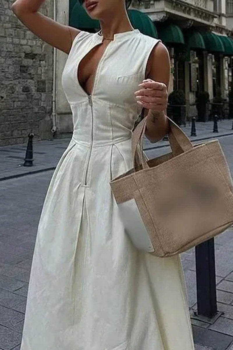 Street Pocket Zipper O Neck Long Dresses(3 Colors)