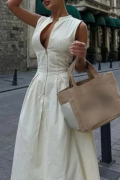 Street Pocket Zipper O Neck Long Dresses(3 Colors)