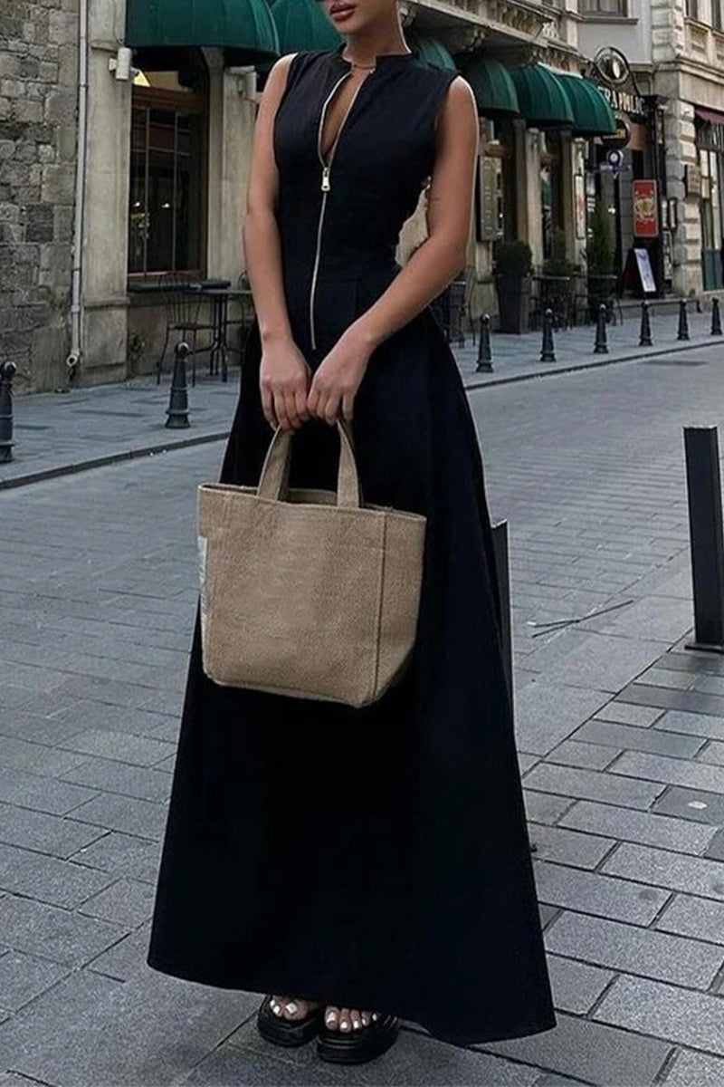 Street Pocket Zipper O Neck Long Dresses(3 Colors)