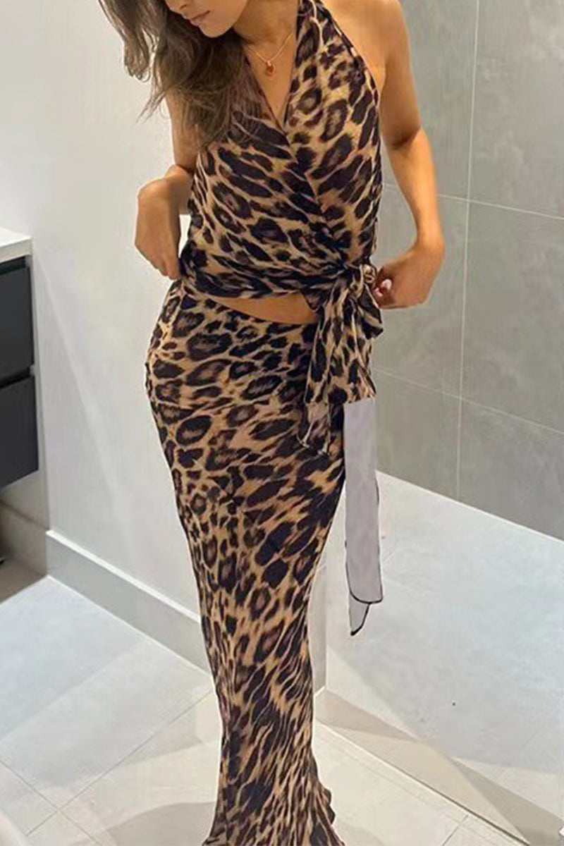 Leopard Lace Up Backless Halter Sleeveless Two Pieces