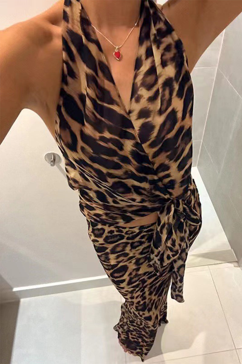 Leopard Lace Up Backless Halter Sleeveless Two Pieces