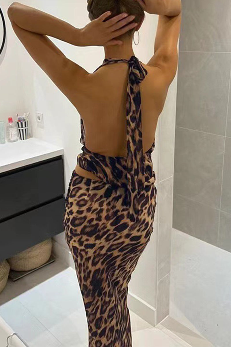 Leopard Lace Up Backless Halter Sleeveless Two Pieces