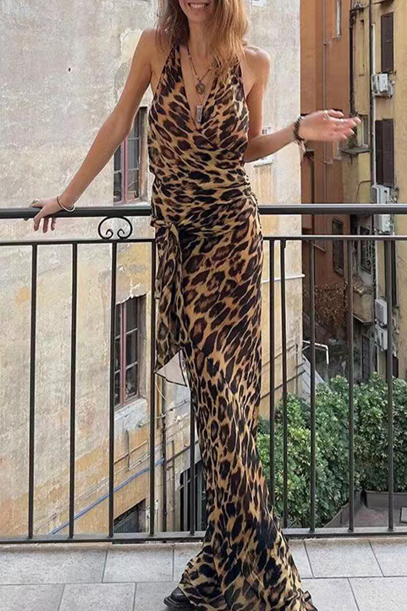 Leopard Lace Up Backless Halter Sleeveless Two Pieces
