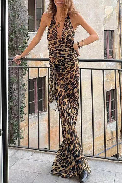 Leopard Lace Up Backless Halter Sleeveless Two Pieces