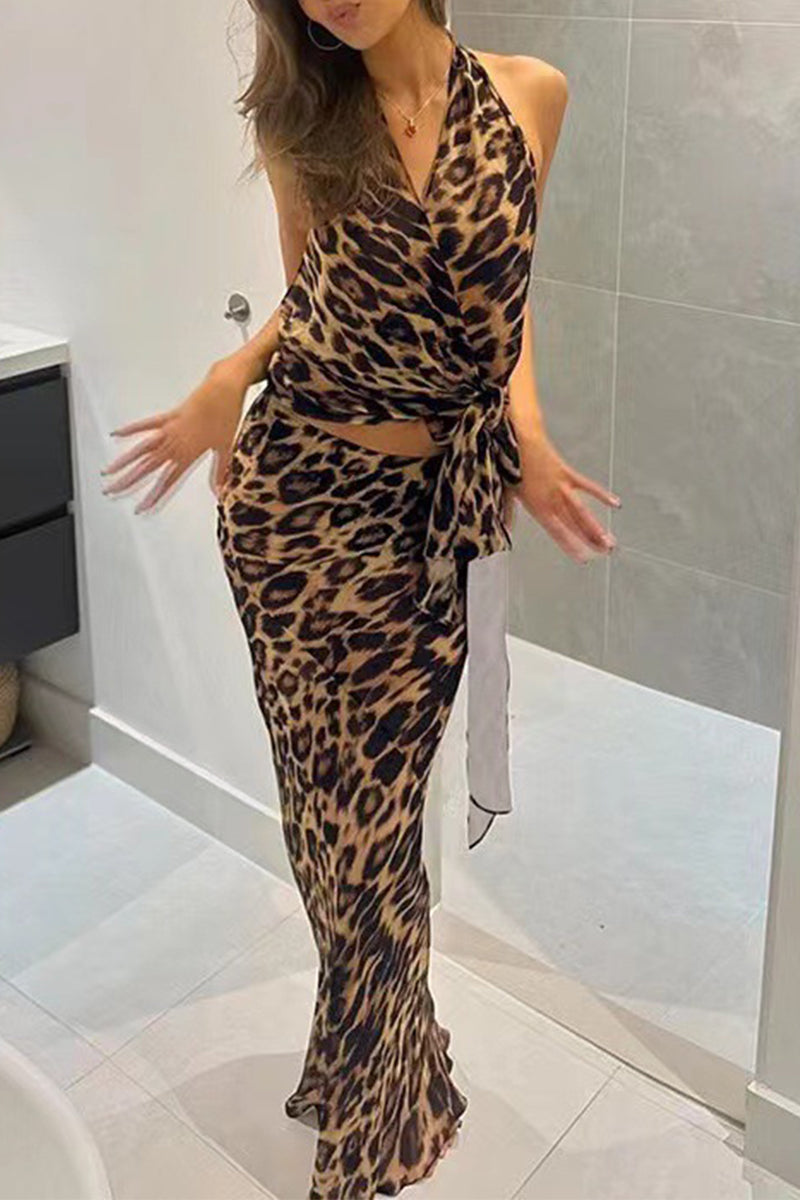 Leopard Lace Up Backless Halter Sleeveless Two Pieces