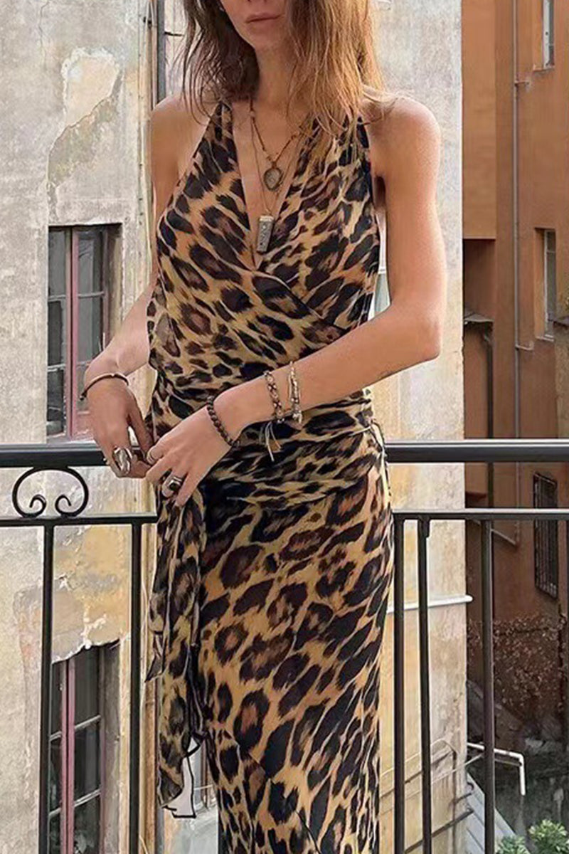 Leopard Lace Up Backless Halter Sleeveless Two Pieces