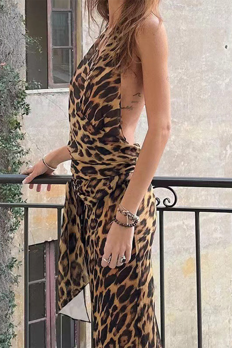 Leopard Lace Up Backless Halter Sleeveless Two Pieces
