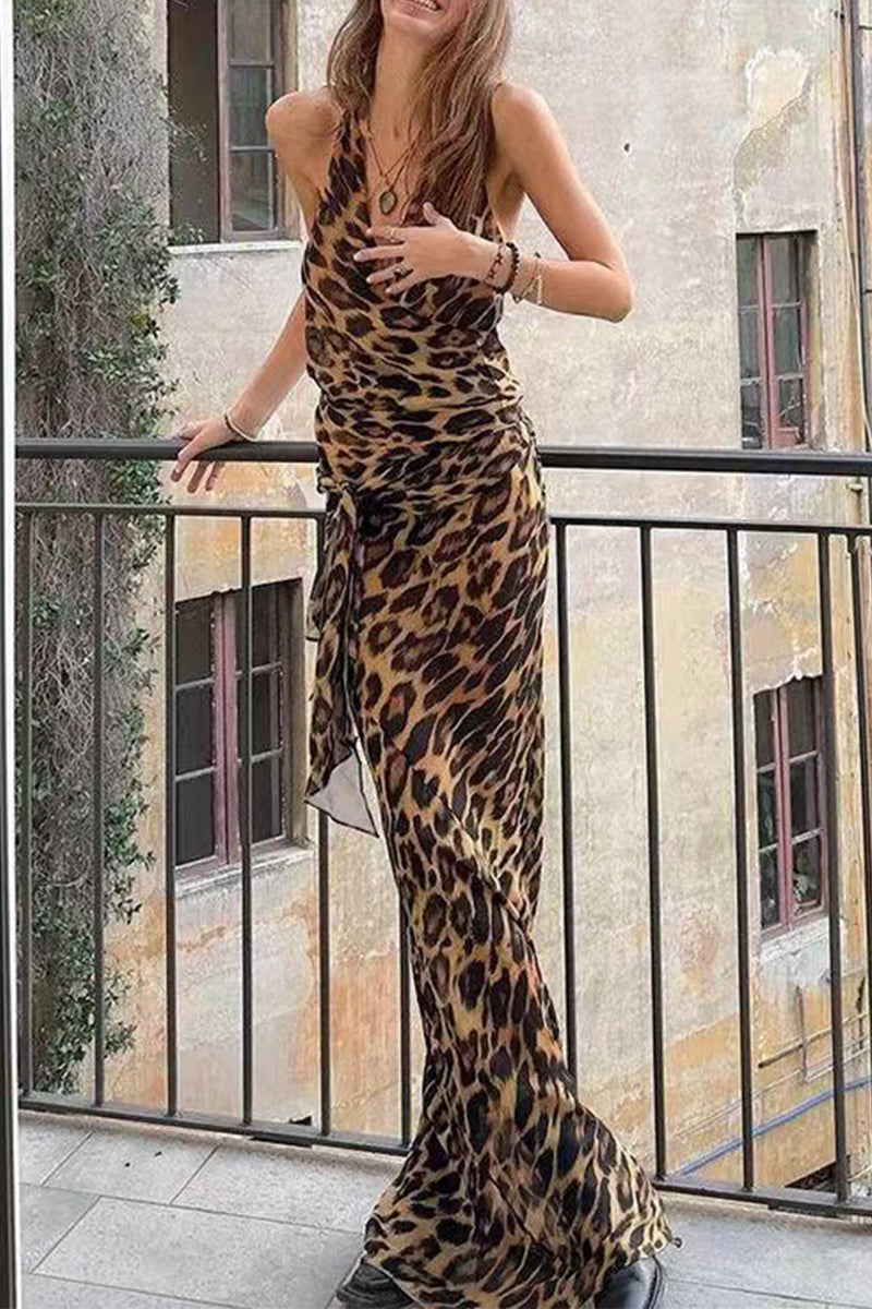 Leopard Lace Up Backless Halter Sleeveless Two Pieces