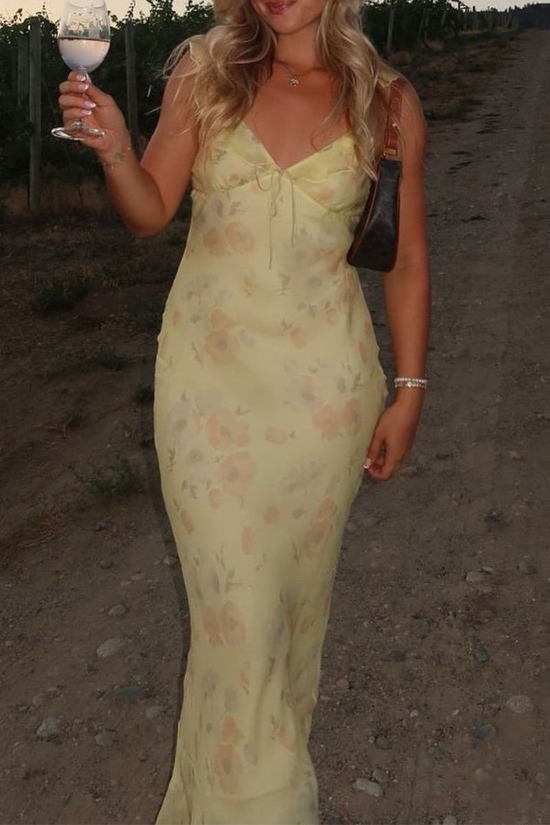 Flowers Patchwork Backless Flounce V Neck Long Dresses