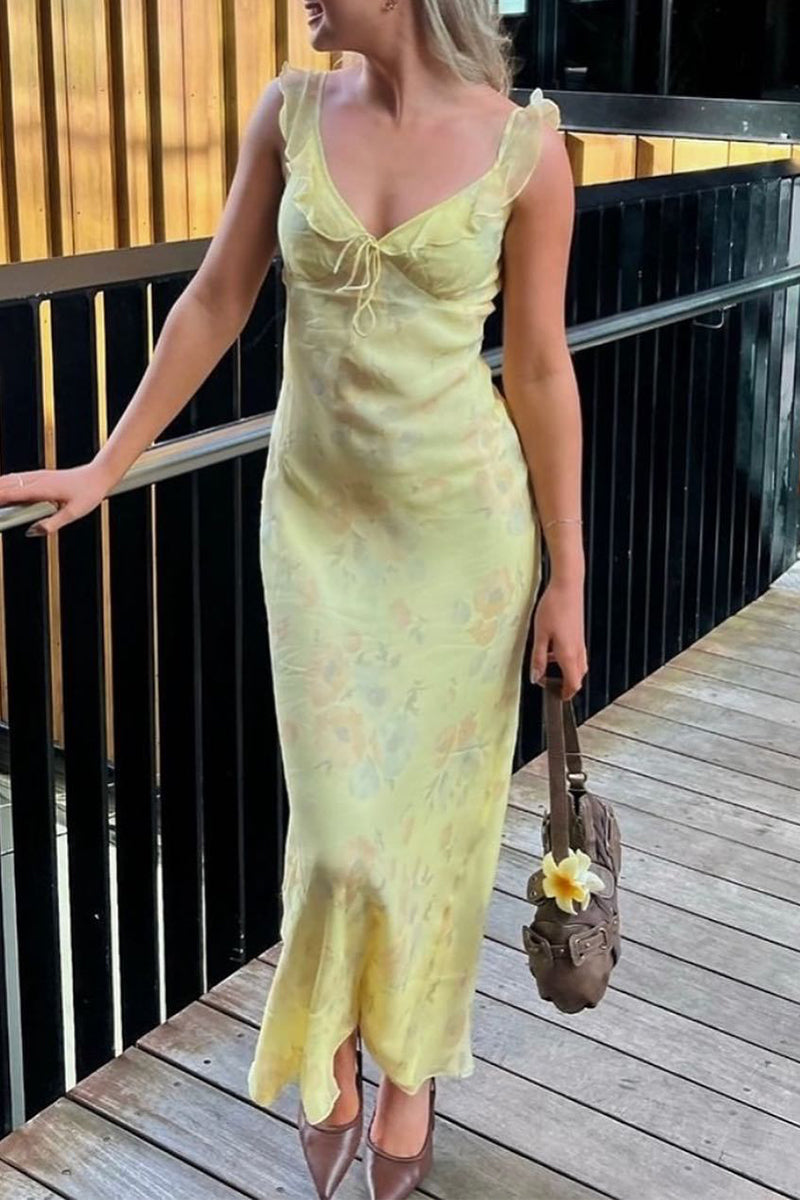 Flowers Patchwork Backless Flounce V Neck Long Dresses