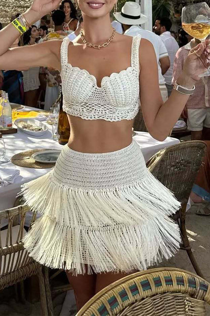 Fringed Trim Weave V Neck Sleeveless Two Pieces