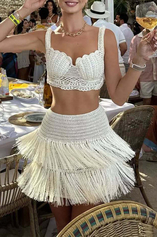 Fringed Trim Weave V Neck Sleeveless Two Pieces