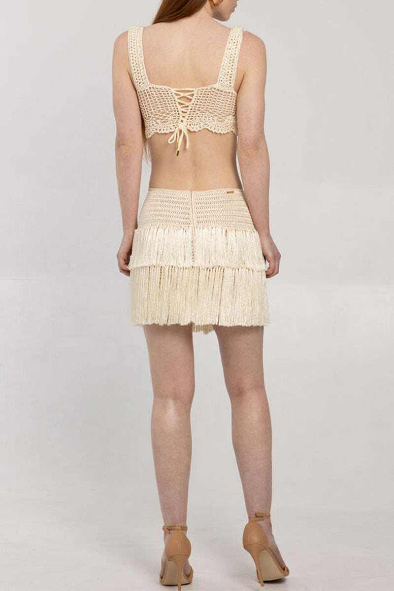 Fringed Trim Weave V Neck Sleeveless Two Pieces