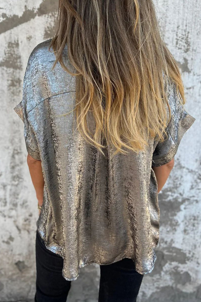 Bronzing Pattern Patchwork Turndown Collar Blouses(5 Colors)