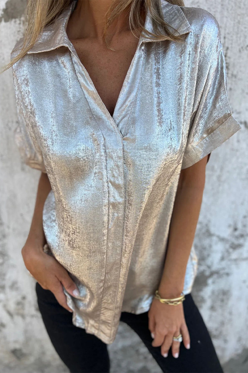 Bronzing Pattern Patchwork Turndown Collar Blouses(5 Colors)