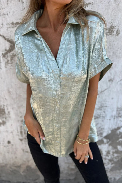Bronzing Pattern Patchwork Turndown Collar Blouses(5 Colors)
