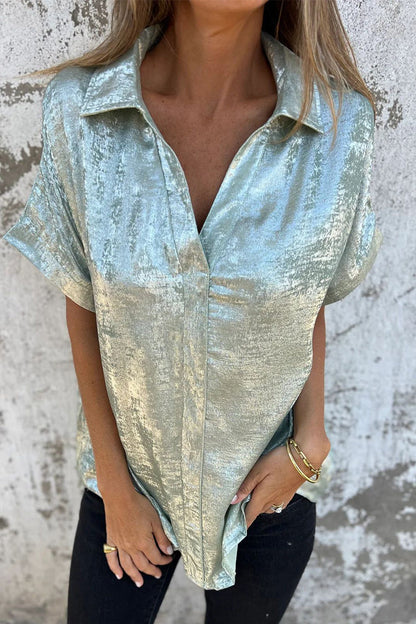 Bronzing Pattern Patchwork Turndown Collar Blouses(5 Colors)