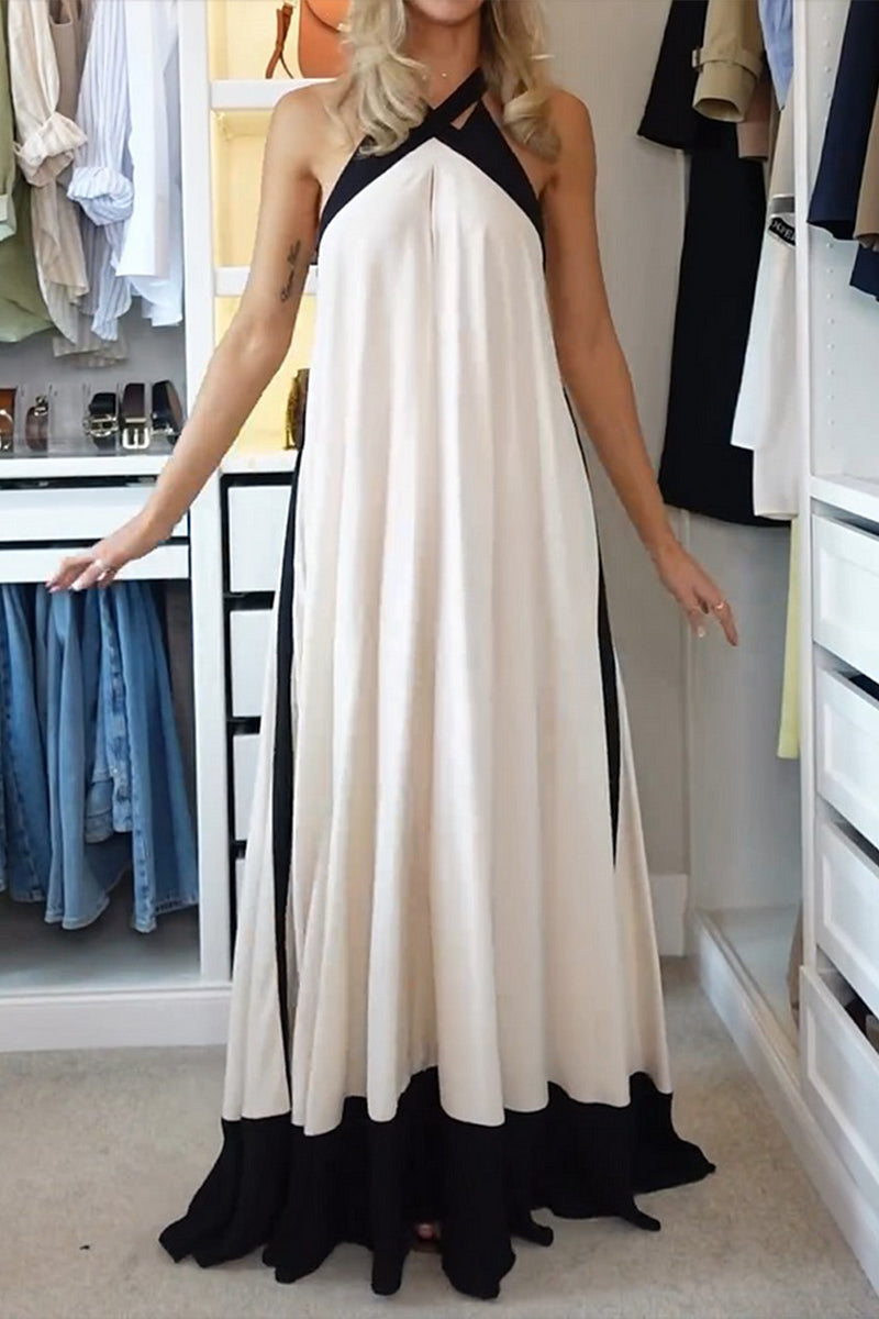 Patchwork Contrast Halter Long Dresses