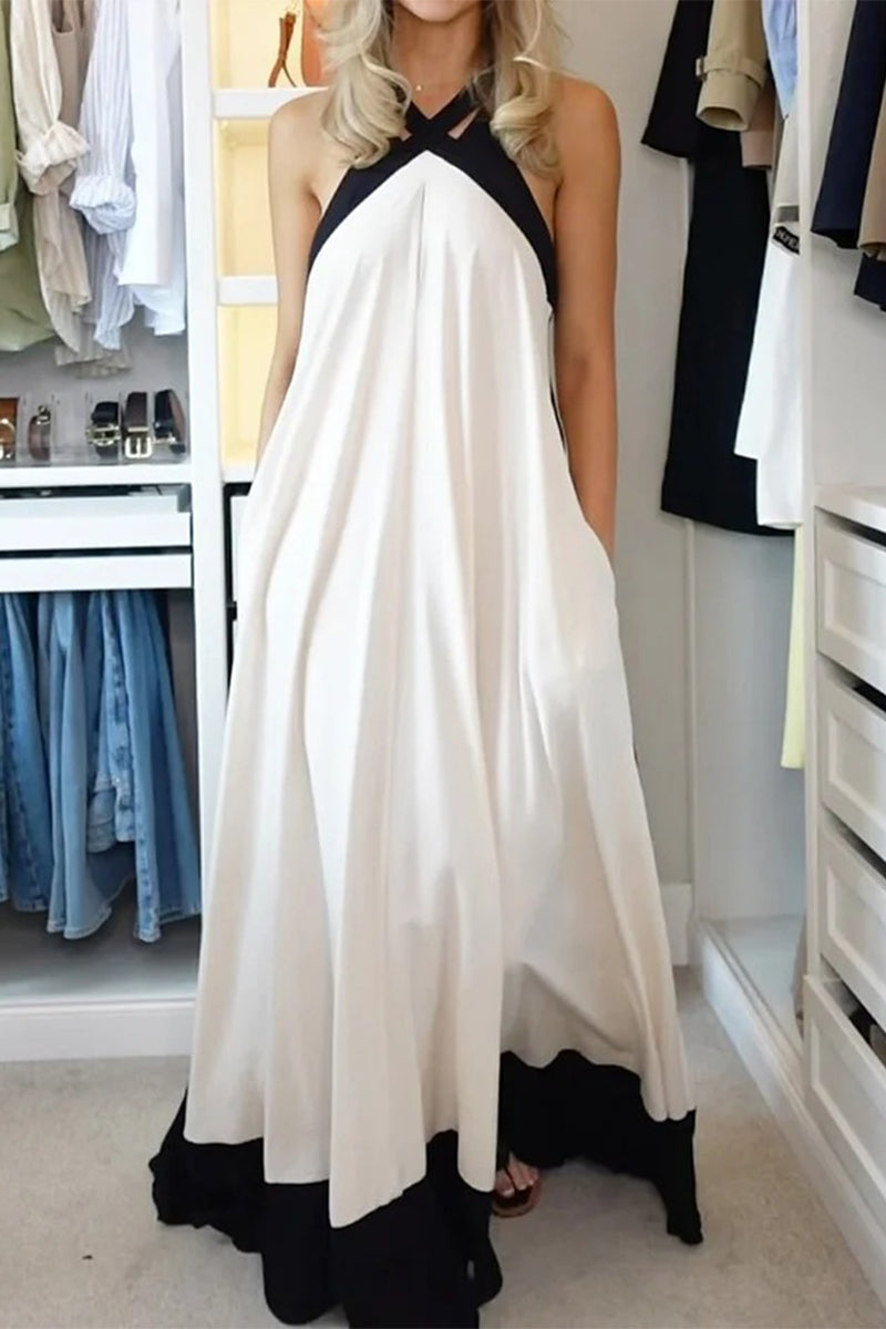 Patchwork Contrast Halter Long Dresses