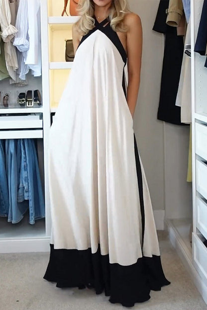 Patchwork Contrast Halter Long Dresses