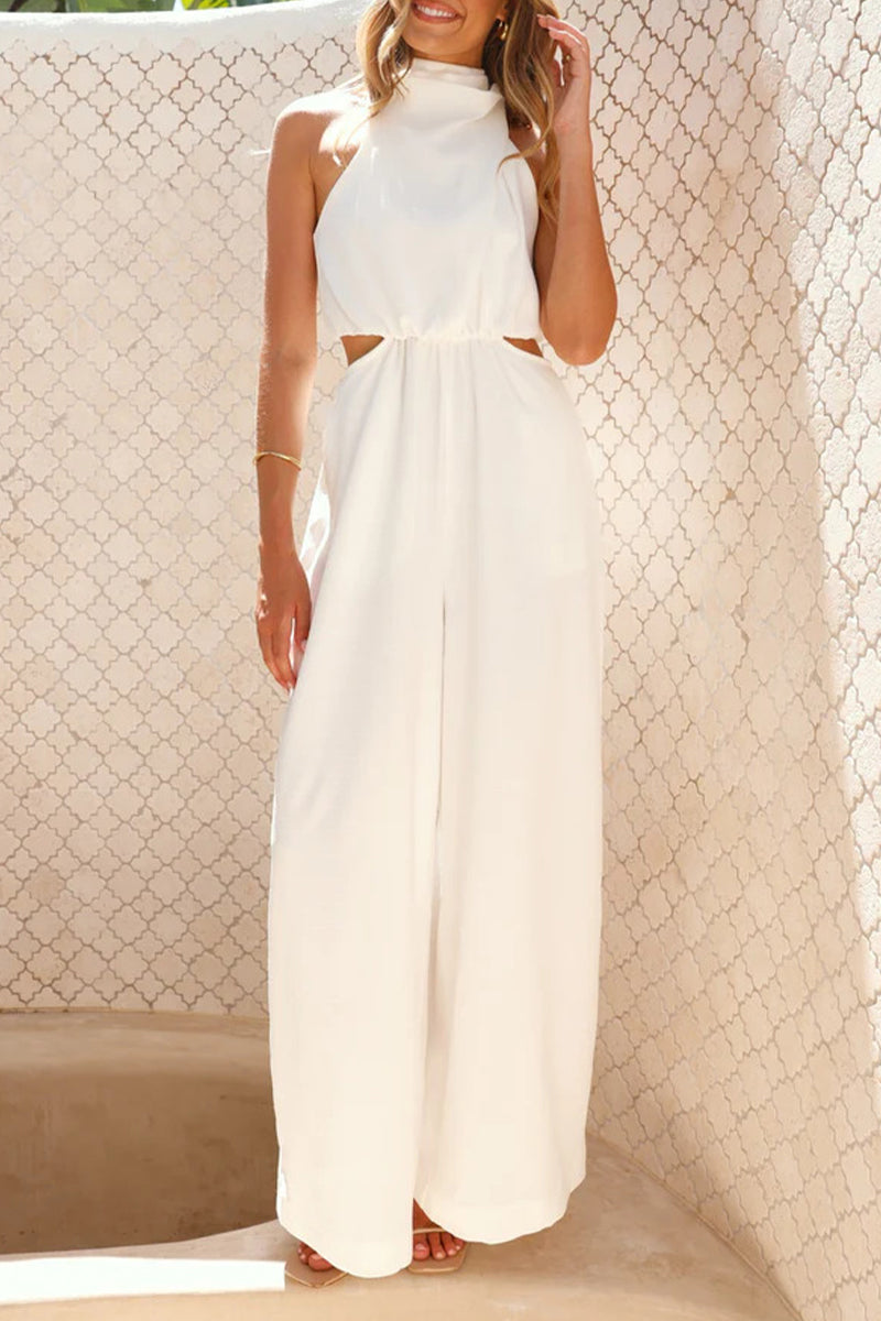 Hollow Out Pocket Halter Loose Jumpsuits(4 Colors)