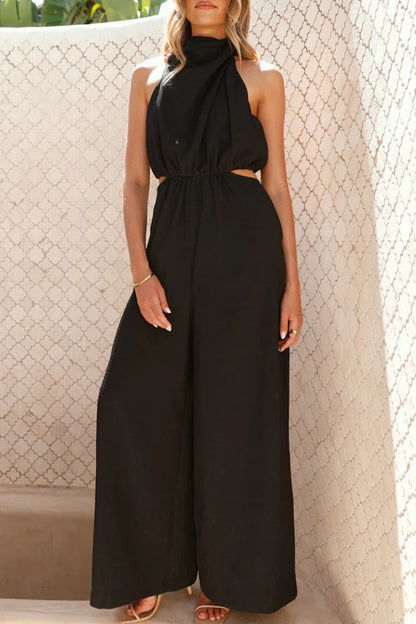 Hollow Out Pocket Halter Loose Jumpsuits(4 Colors)