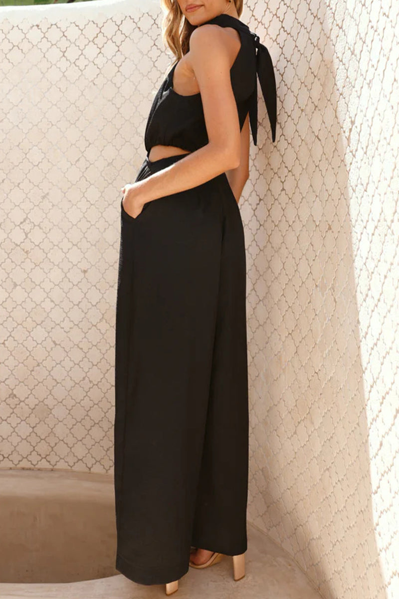 Hollow Out Pocket Halter Loose Jumpsuits(4 Colors)