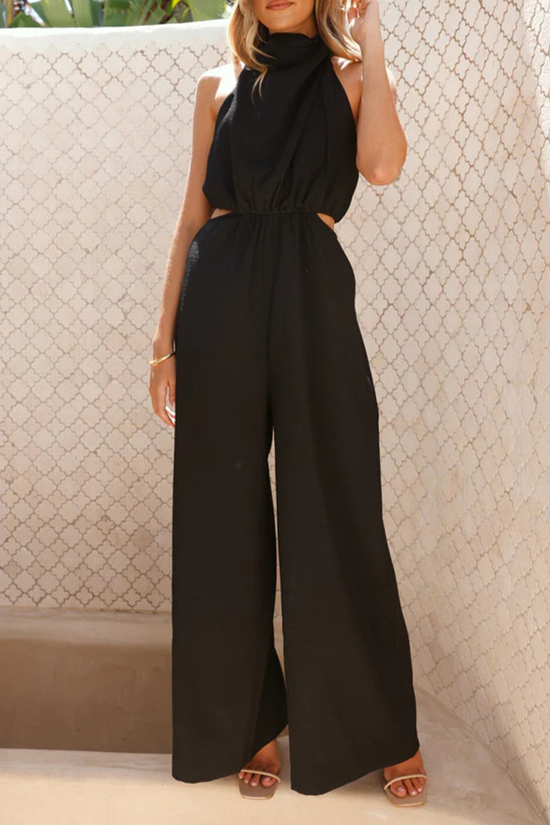 Hollow Out Pocket Halter Loose Jumpsuits(4 Colors)