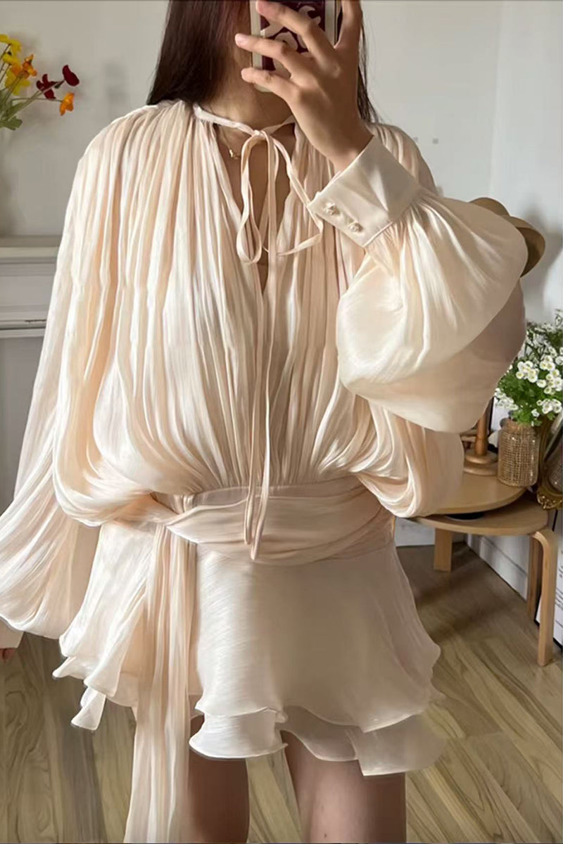 Lace Up Flounce O Neck Long Sleeve Two Pieces