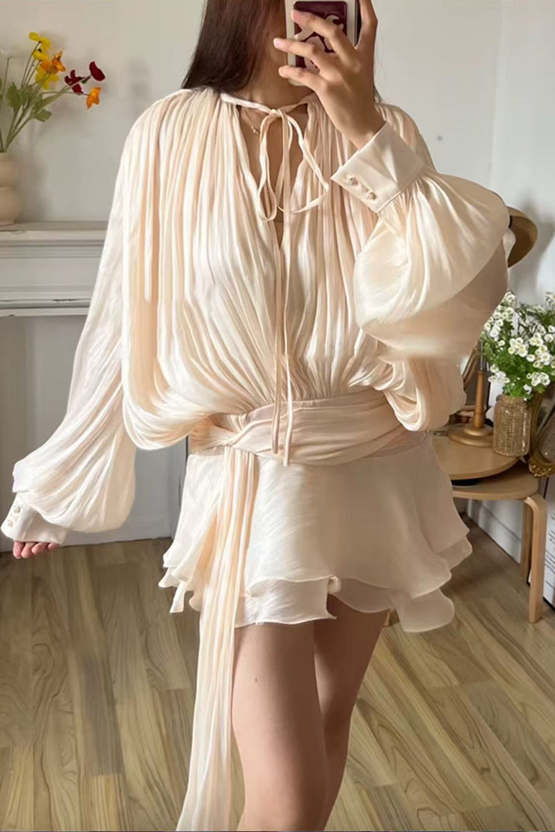 Lace Up Flounce O Neck Long Sleeve Two Pieces