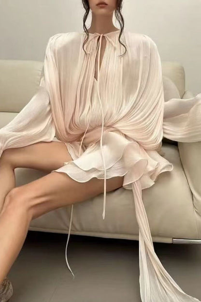 Lace Up Flounce O Neck Long Sleeve Two Pieces