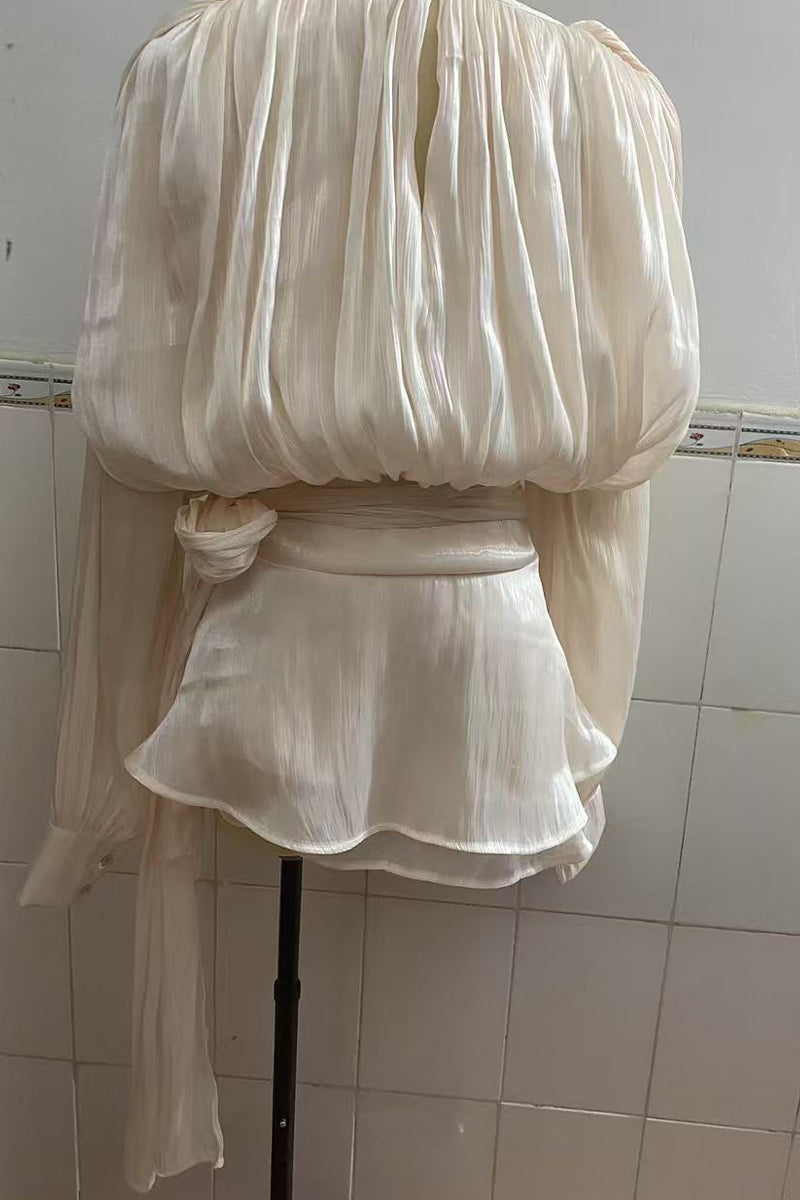 Lace Up Flounce O Neck Long Sleeve Two Pieces