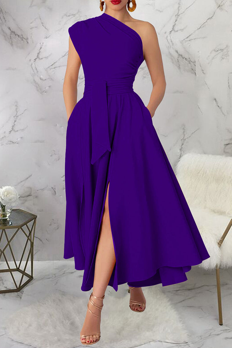 Slit Oblique Collar Long Dresses(3 Colors)