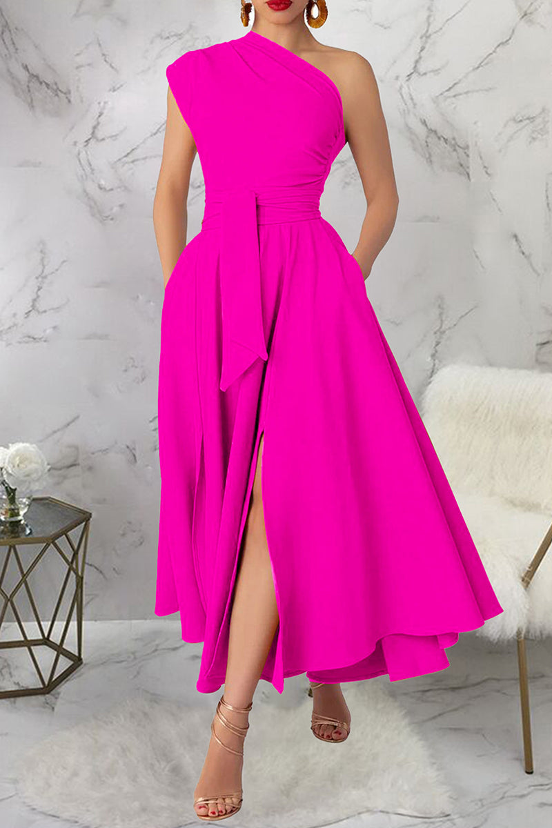 Slit Oblique Collar Long Dresses(3 Colors)