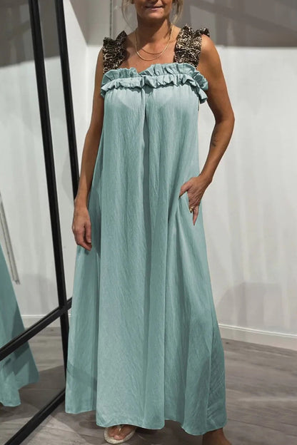 Leopard Pocket Patchwork Flounce Square Neck Long Dresses(8 Colors)