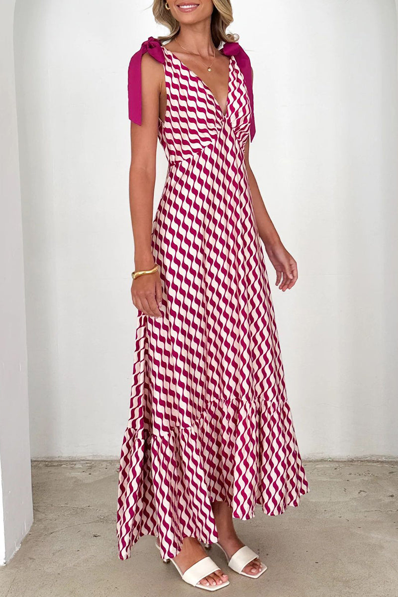 Striped Print Lace Up Contrast V Neck Long Dresses