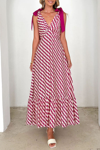 Striped Print Lace Up Contrast V Neck Long Dresses
