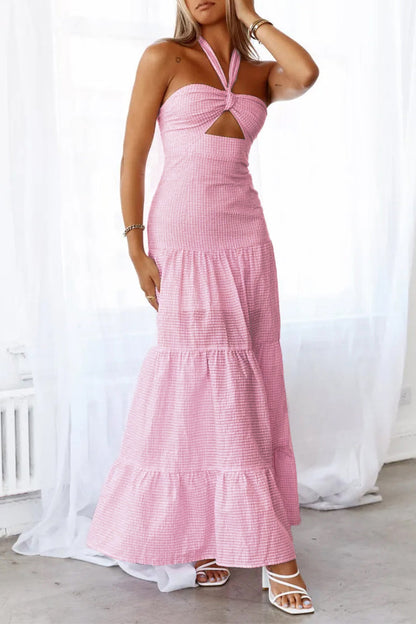 Jacquard Lace Up Halter Long Dresses