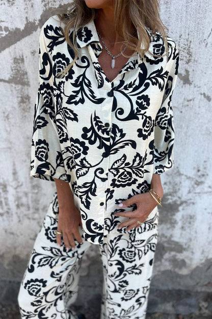 Print Pocket Contrast Turndown Collar Three Quarter Two Pieces