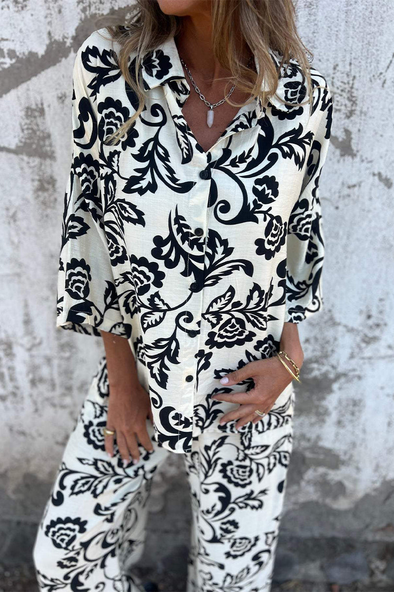Print Pocket Contrast Turndown Collar Three Quarter Two Pieces