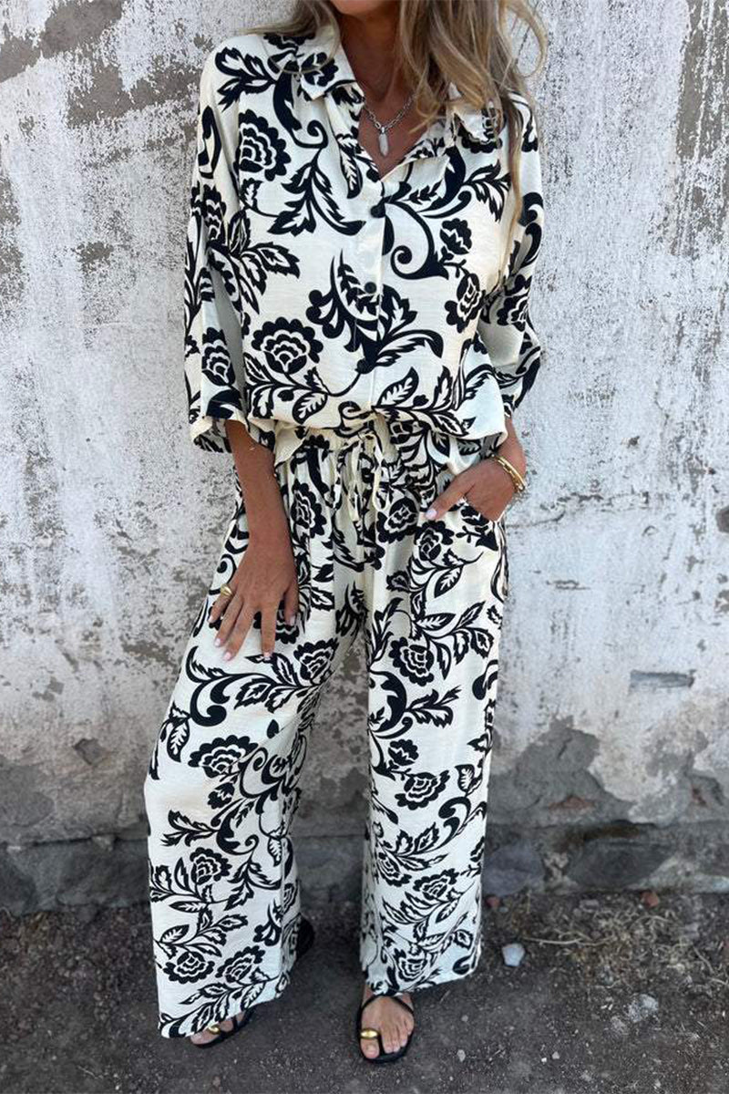 Print Pocket Contrast Turndown Collar Three Quarter Two Pieces