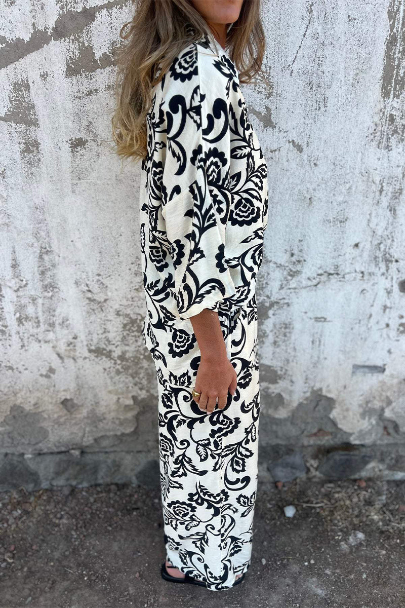 Print Pocket Contrast Turndown Collar Three Quarter Two Pieces