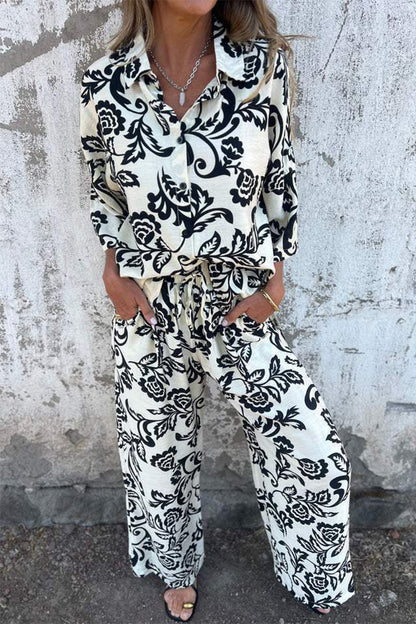 Print Pocket Contrast Turndown Collar Three Quarter Two Pieces