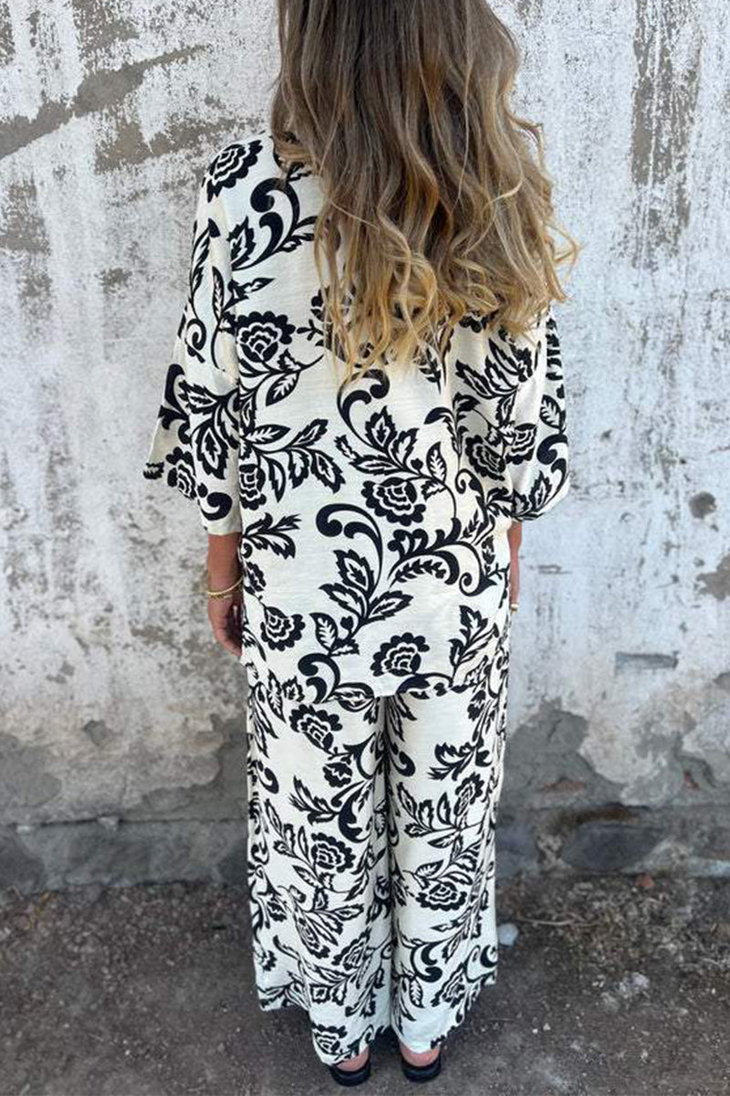 Print Pocket Contrast Turndown Collar Three Quarter Two Pieces