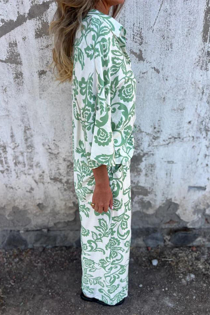 Print Pocket Contrast Turndown Collar Three Quarter Two Pieces