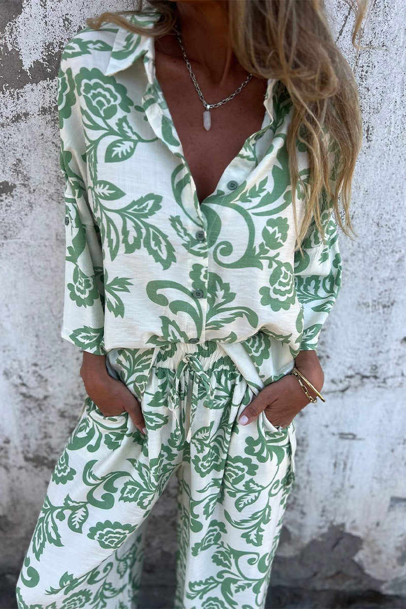 Print Pocket Contrast Turndown Collar Three Quarter Two Pieces