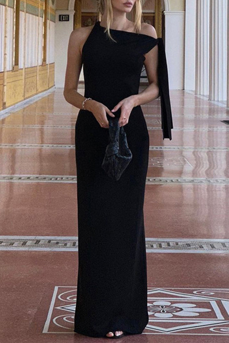 Color Lace Up Irregular Sloping Shoulder Long Dresses