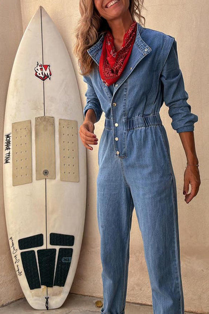 Color Distressed Pocket Buckle O Neck Long Sleeve Regular Denim Jumpsuits